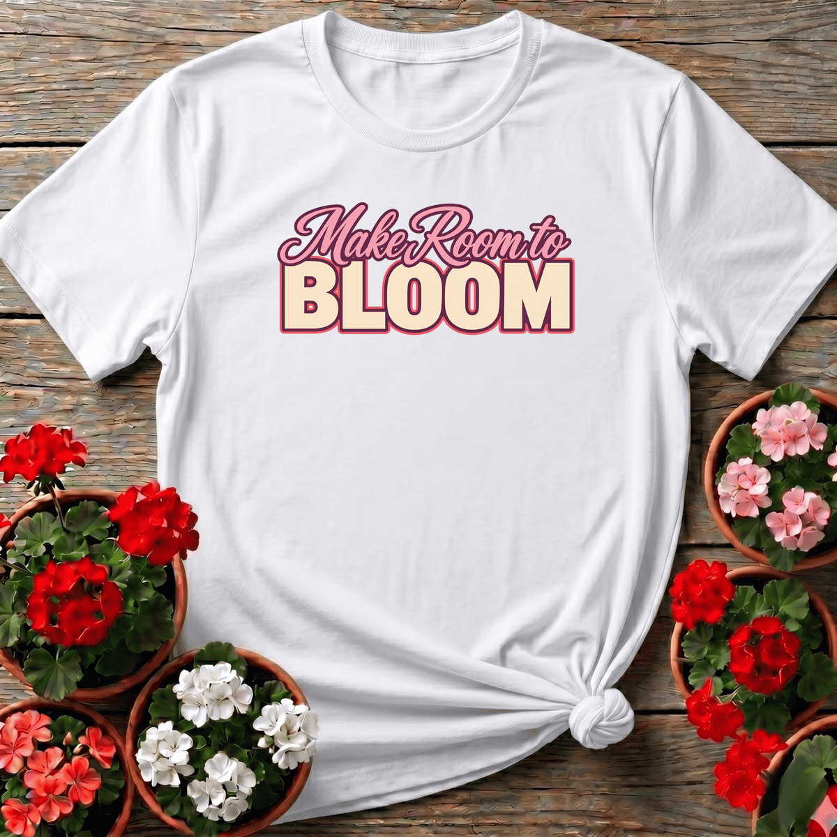 White vintage-inspired floral typography shirt with "Make Room to Bloom" for plant lovers