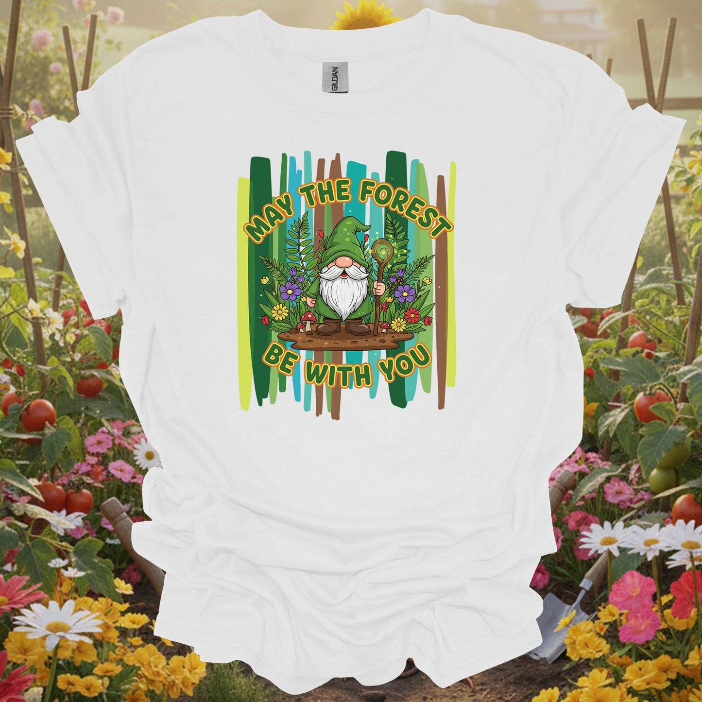 White tee showing : may the forest be with you magical gnome for whimsy collectors