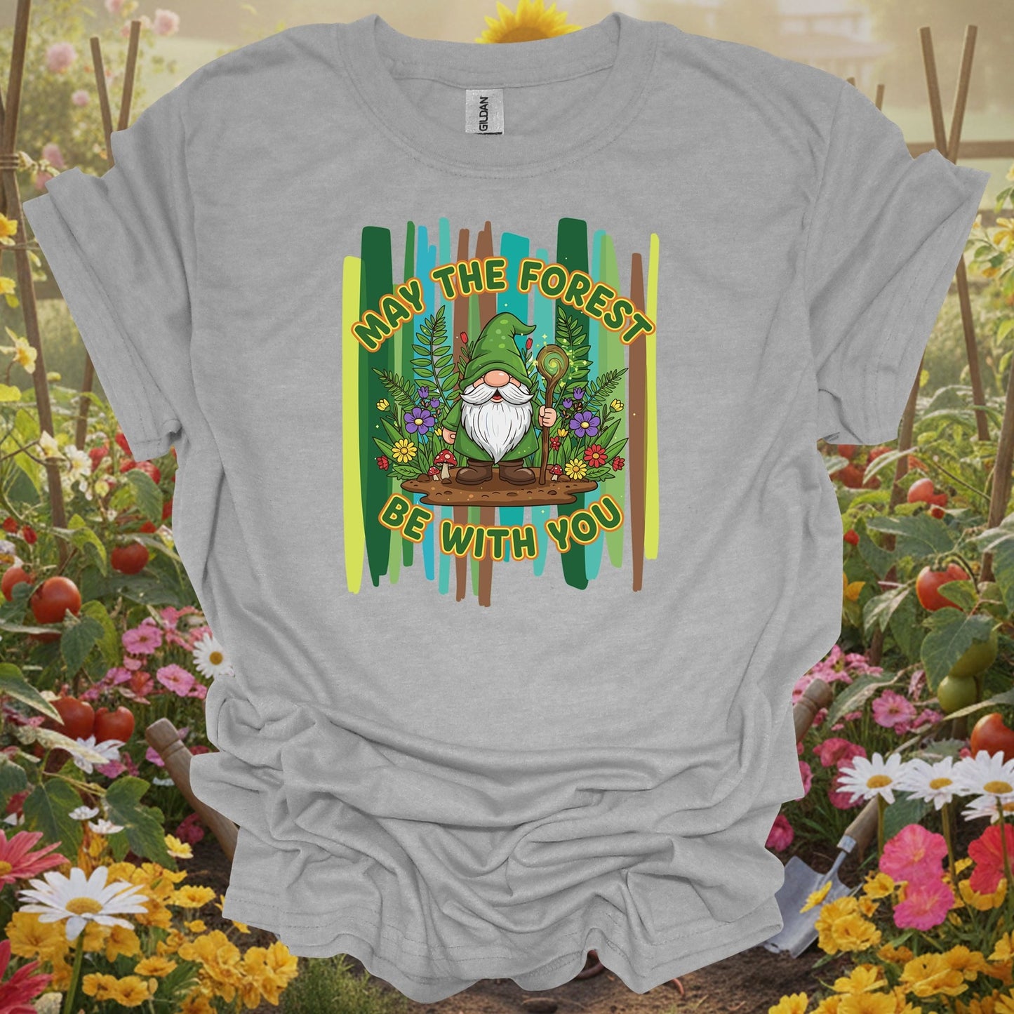 Sport gray tshirt showing : may the forest be with you magical gnome for gnome collectors