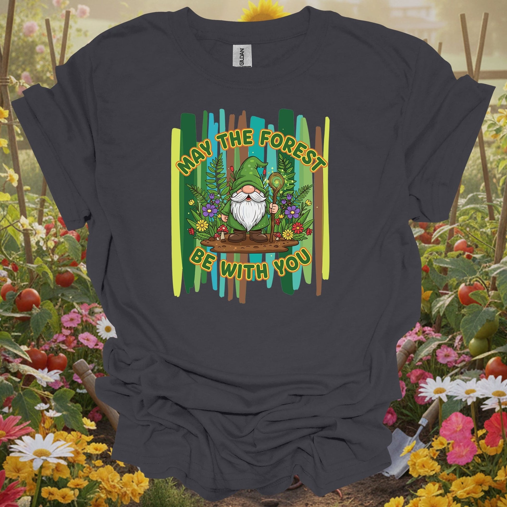 Charcoal tee showing : may the forest be with you magical gnome for whimsical gardeners