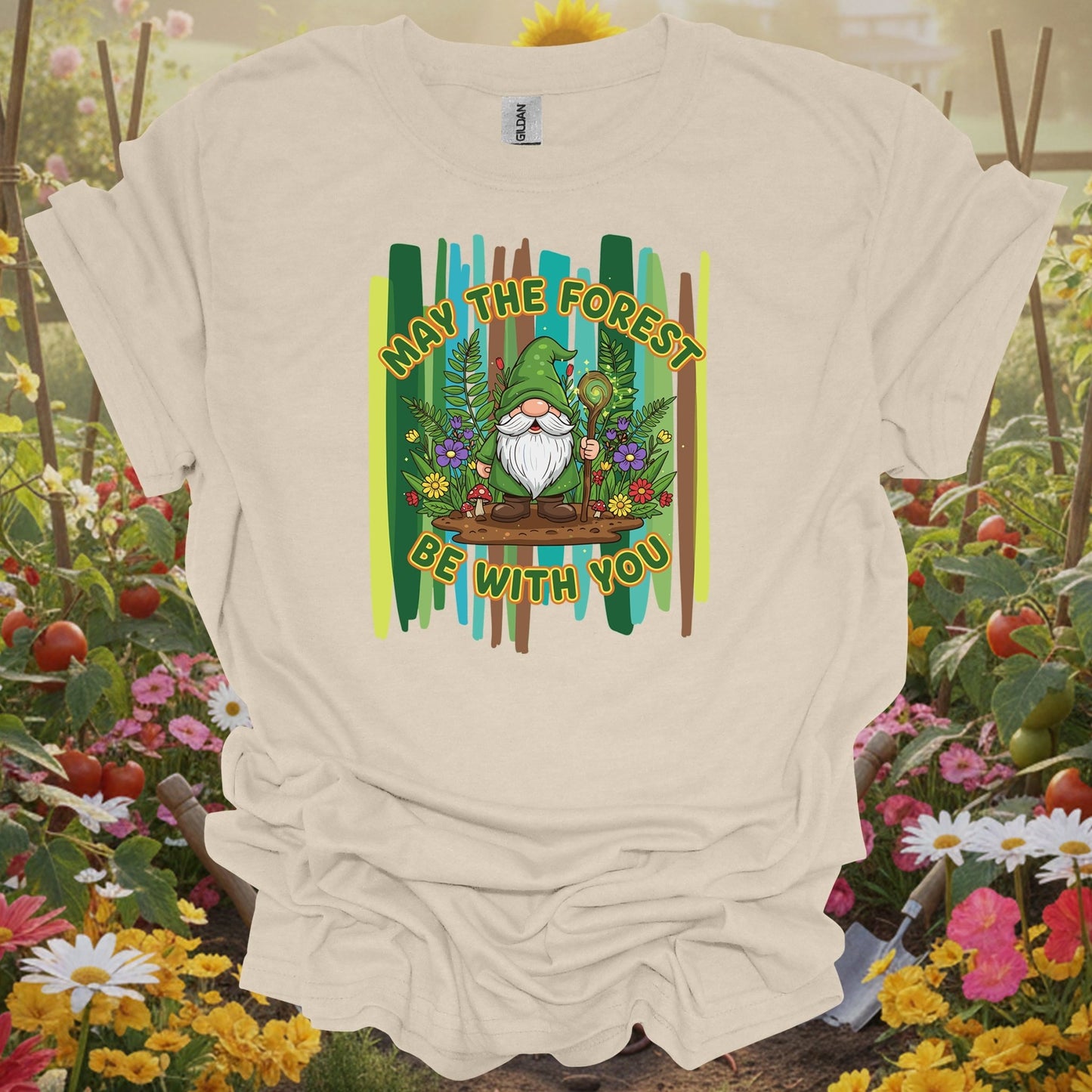 Natural tshirt showing : may the forest be with you magical gnome for garden ornament fans