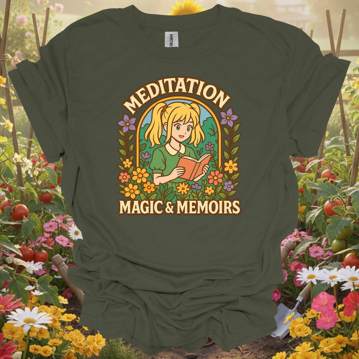 Military Green top showing meditation magic memoirs anime gardener for nature lovers