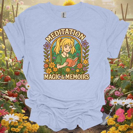 Light Blue tee showing meditation magic memoirs anime gardener for plant lovers