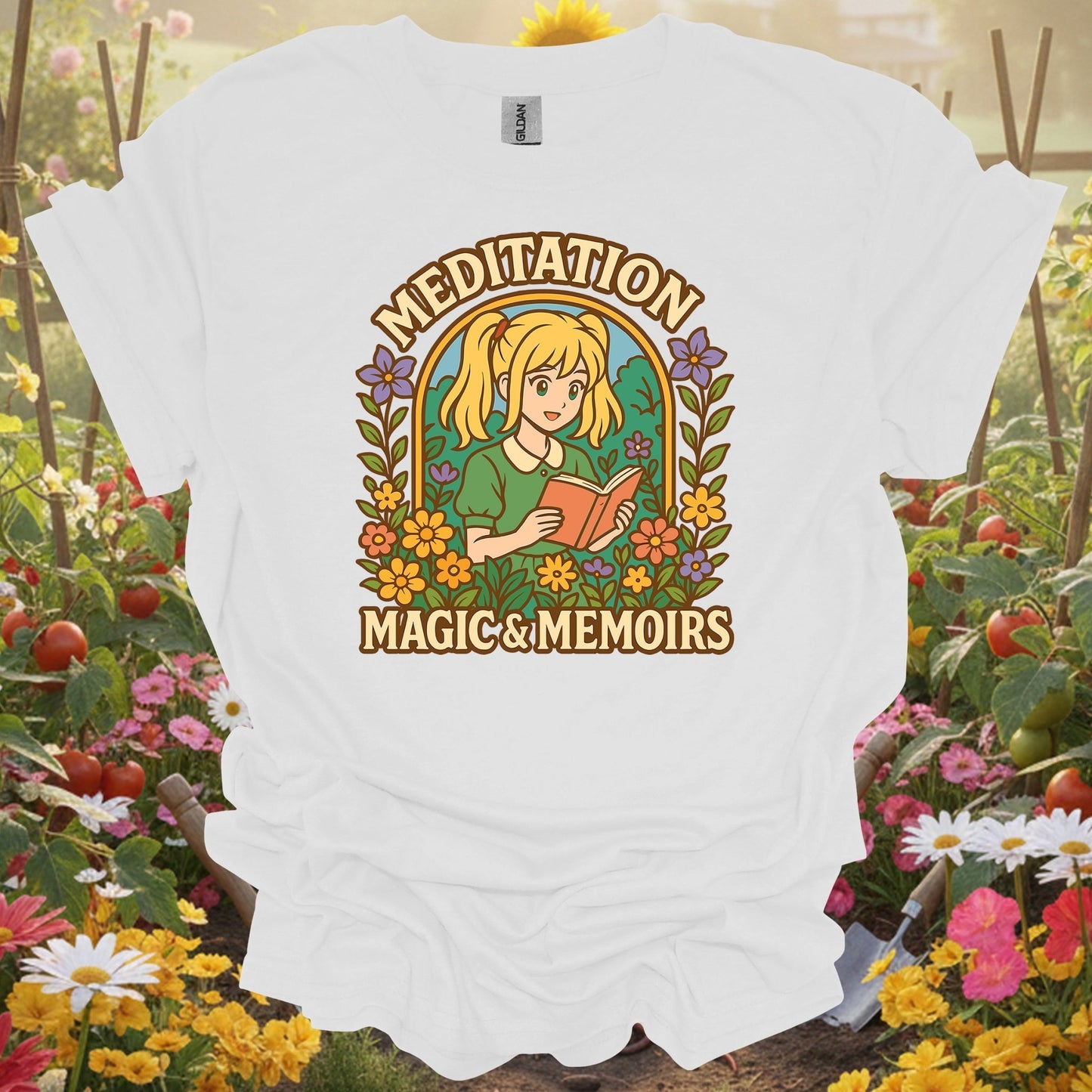 White tee showing meditation magic memoirs anime gardener for garden hobbyists