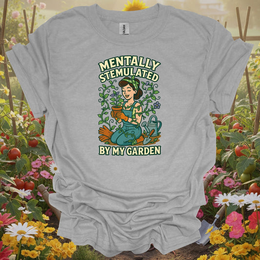 Sport Grey tshirt showing mentally stemulated by my garden pin-up for gardening enthusiasts
