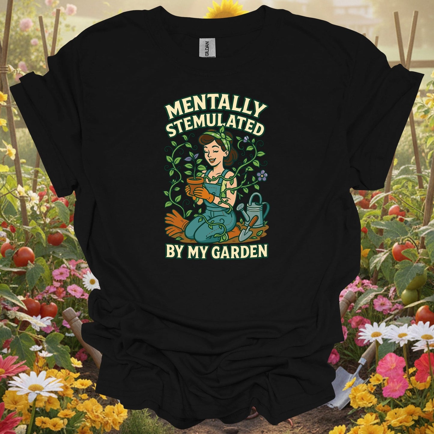 Black shirt showing mentally stemulated by my garden pin-up for outdoor enthusiasts
