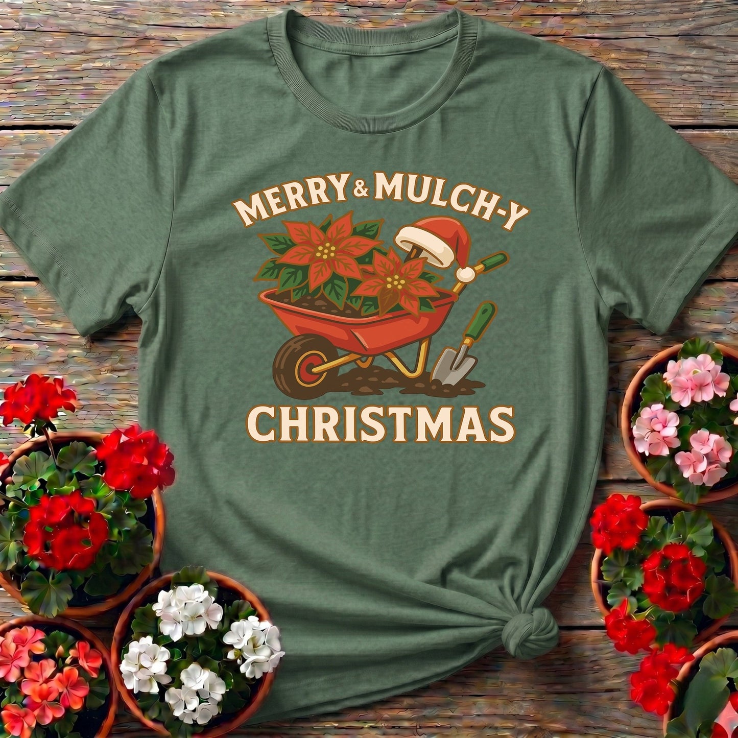 Merry and Mulchy Christmas Gardener T-shirt - GardeningTshirts