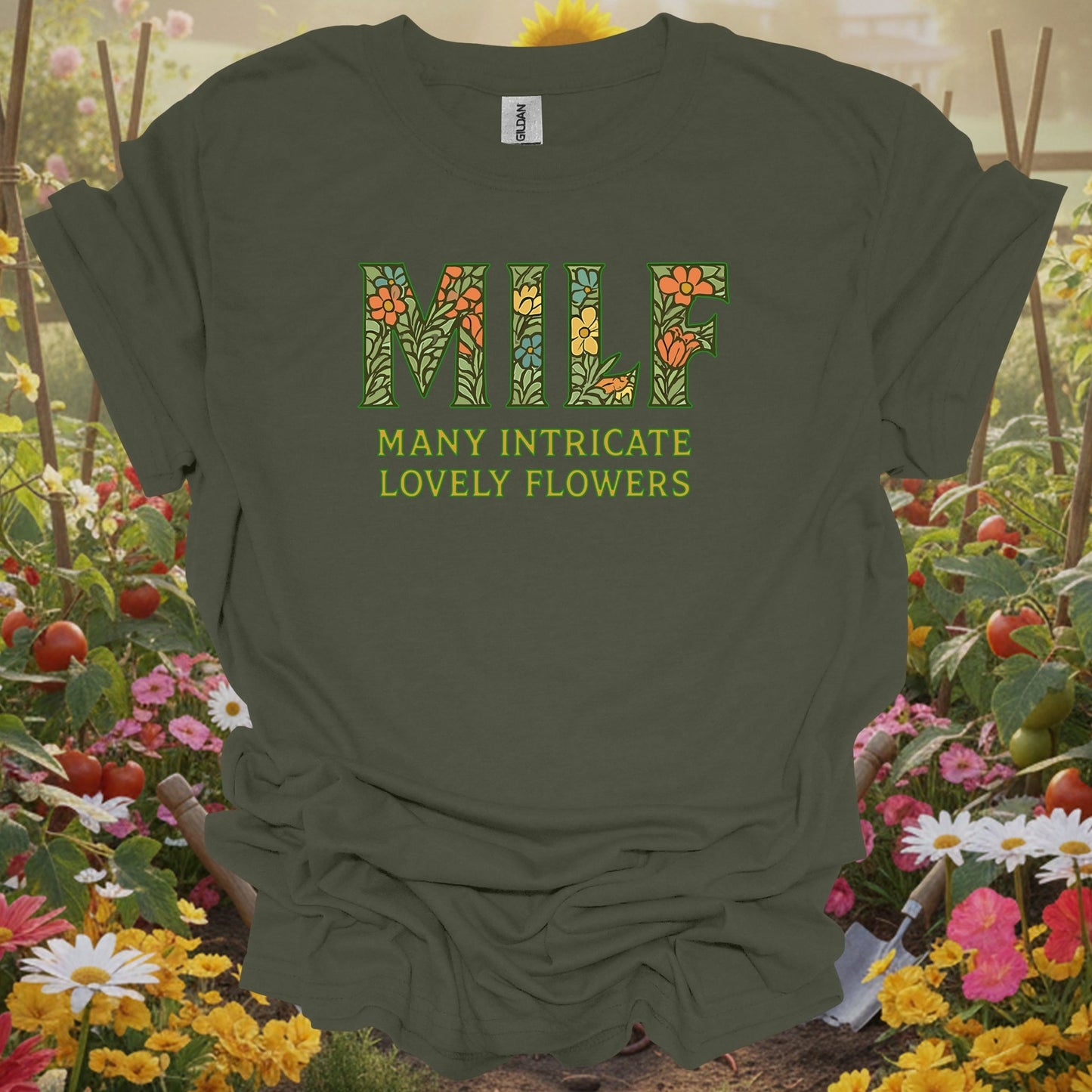 Military Green top showing milf many intricate lovely flowers botanical for nature lovers