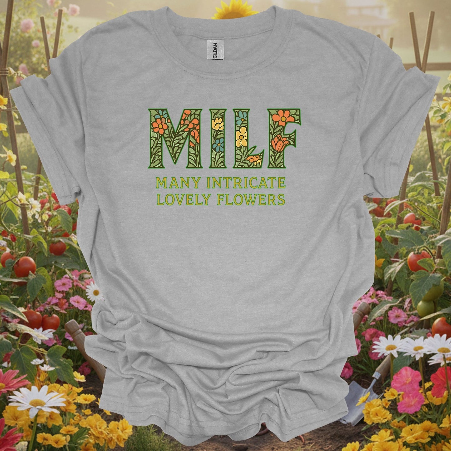 Sport Grey tshirt showing milf many intricate lovely flowers botanical for backyard growers