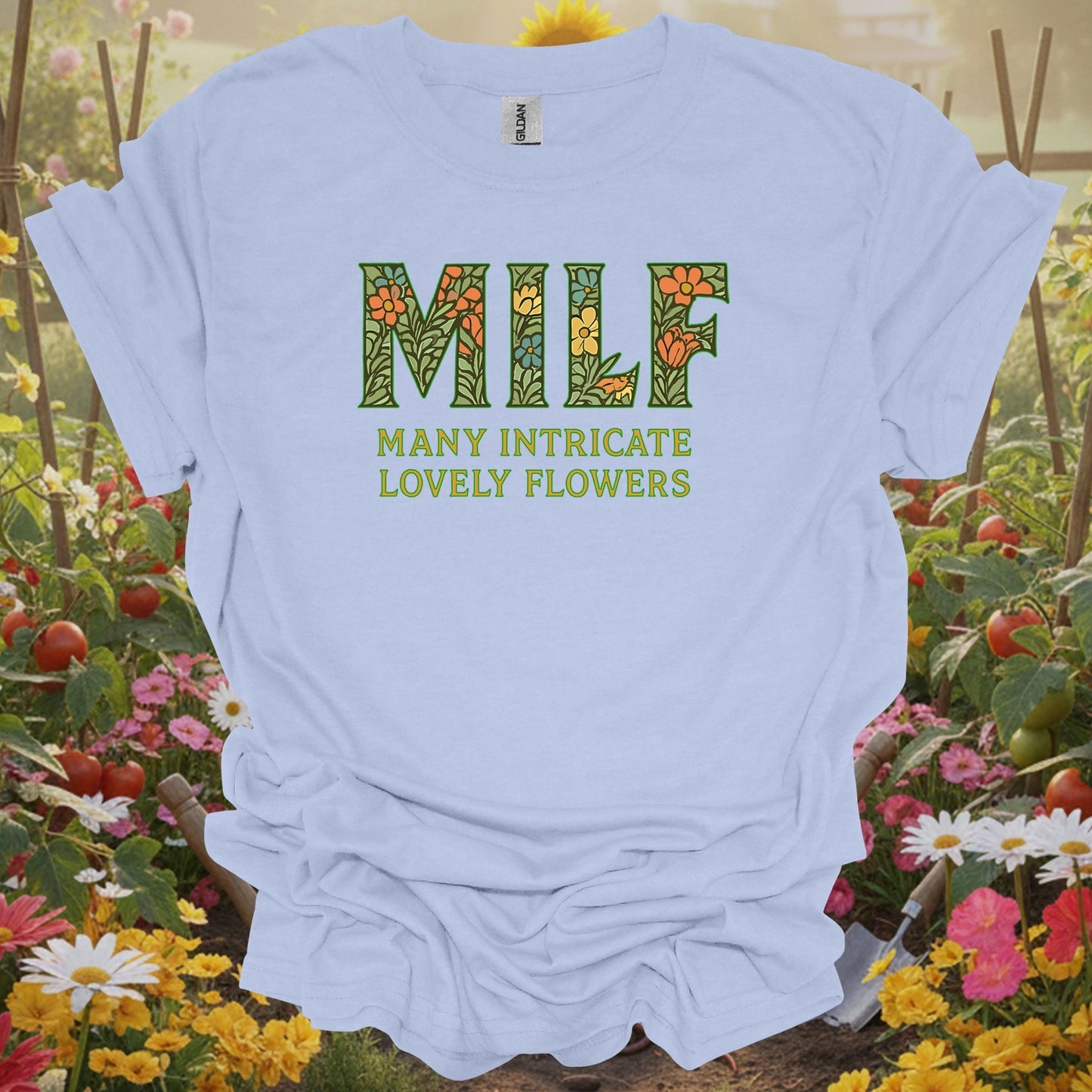 Light Blue shirt showing milf many intricate lovely flowers botanical for home gardeners