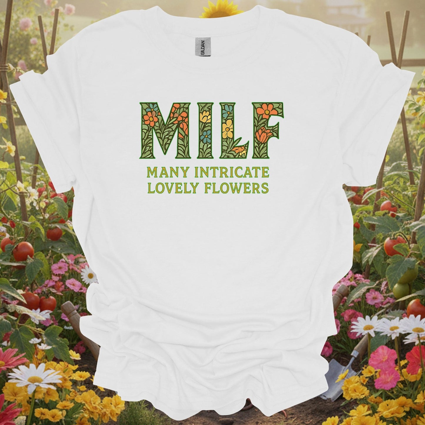White tee showing milf many intricate lovely flowers botanical for garden hobbyists