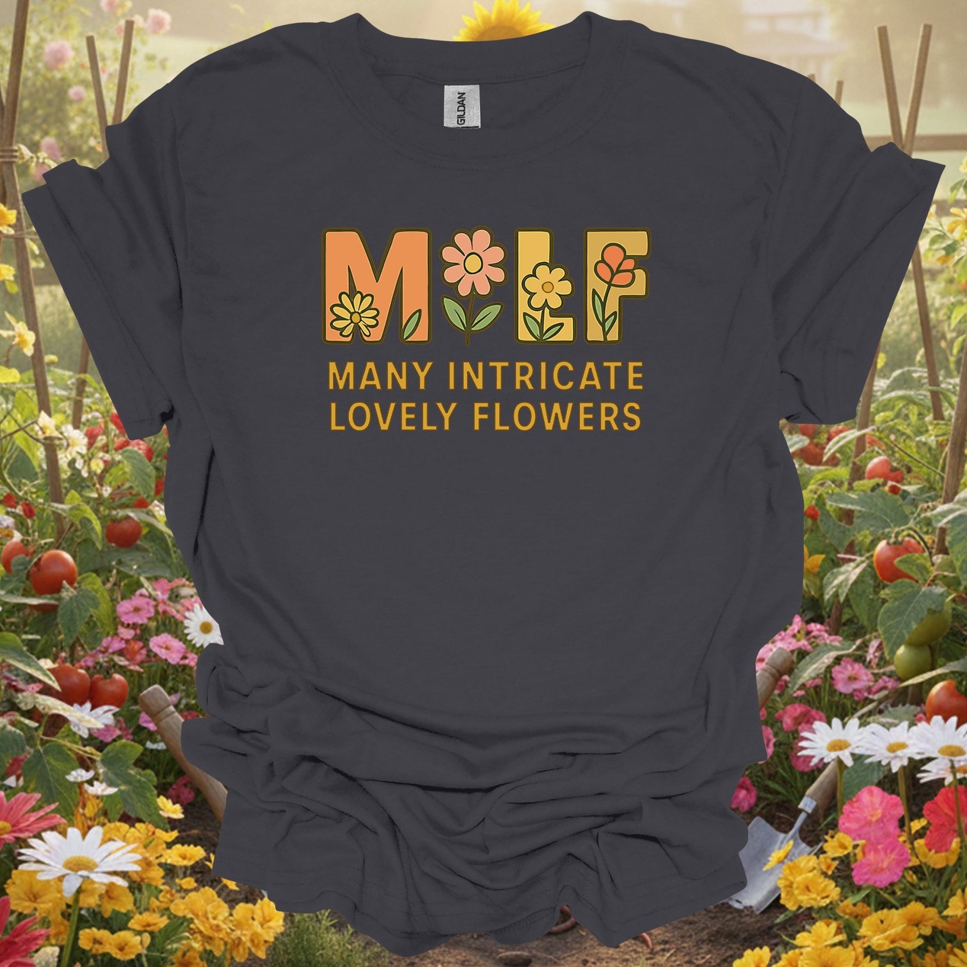 Charcoal tee showing milf many intricate lovely flowers funny for plant lovers