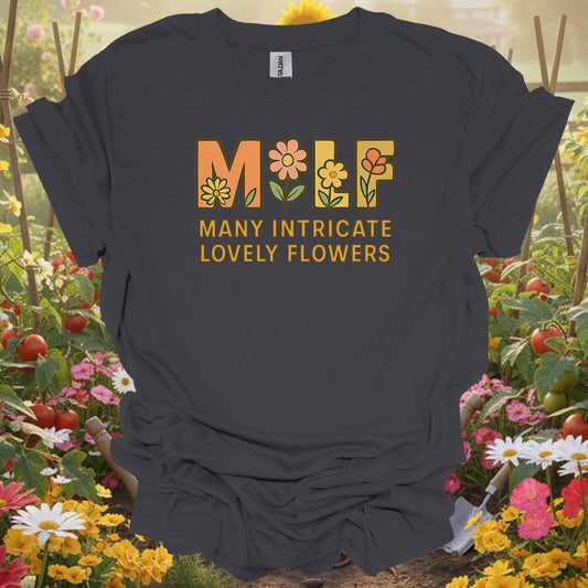 Charcoal tee showing milf many intricate lovely flowers funny for plant lovers