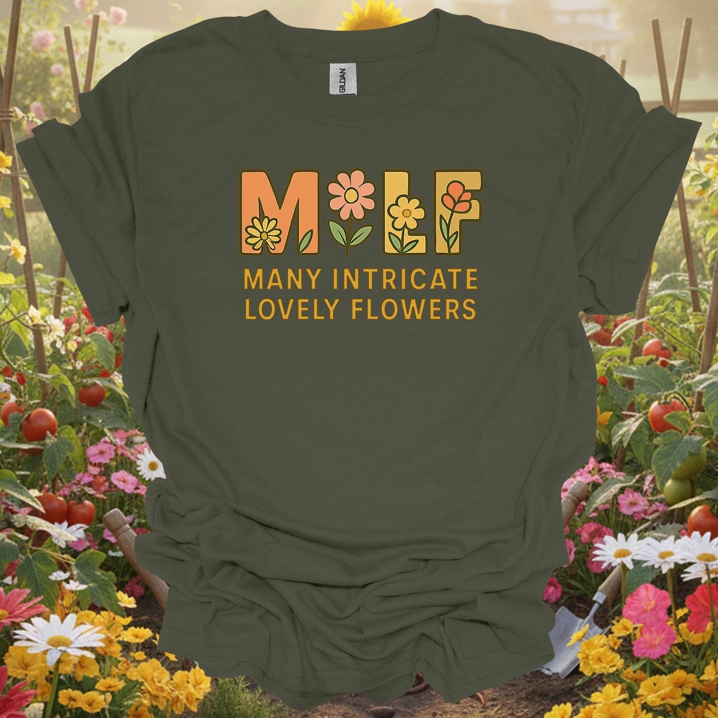 Military Green top showing milf many intricate lovely flowers funny for nature lovers