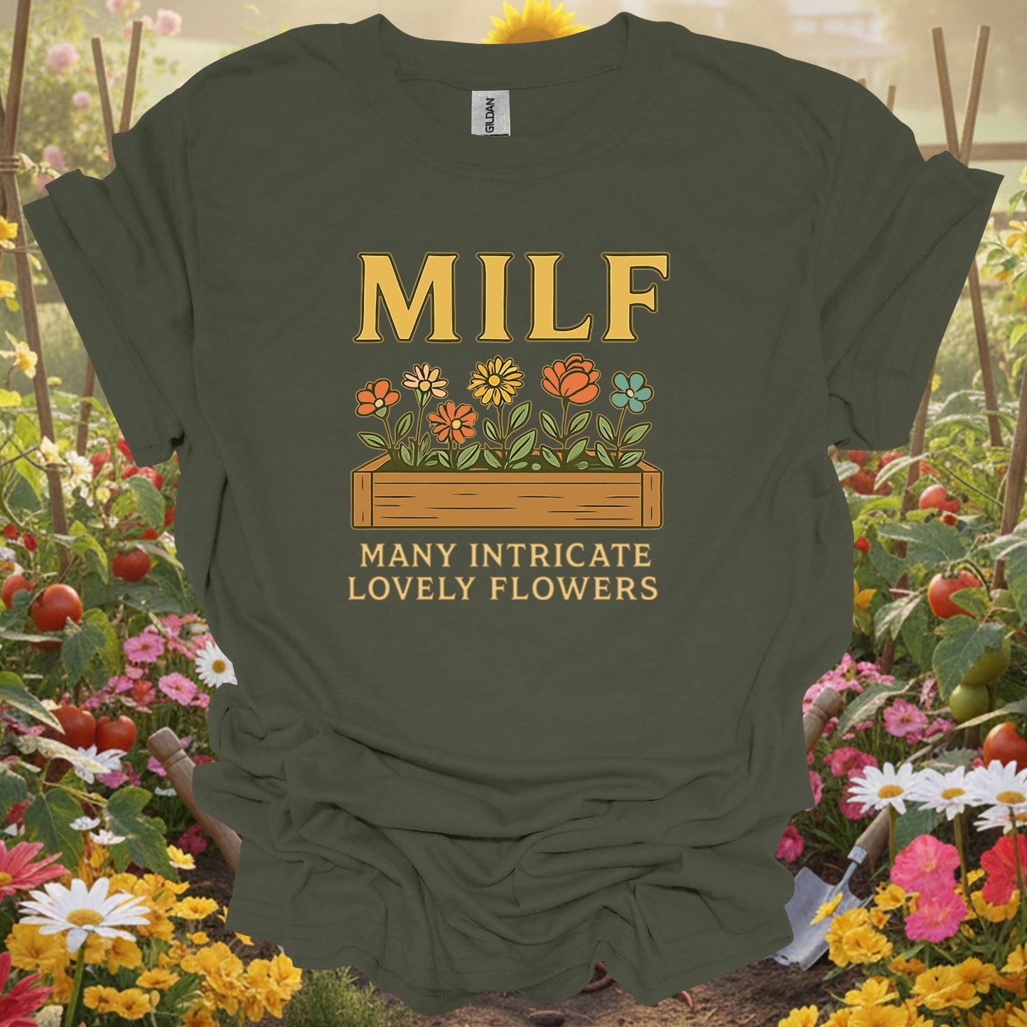 Military Green top showing milf many intricate lovely flowers funny for nature lovers