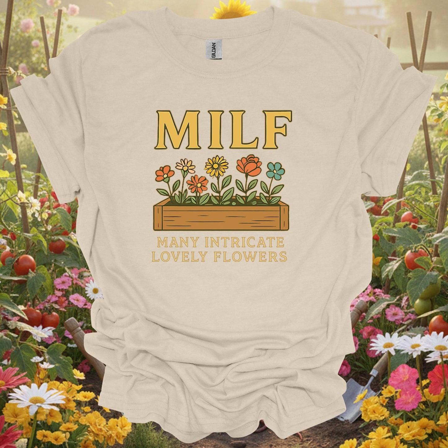 Natural tshirt showing milf many intricate lovely flowers funny for people who love plants