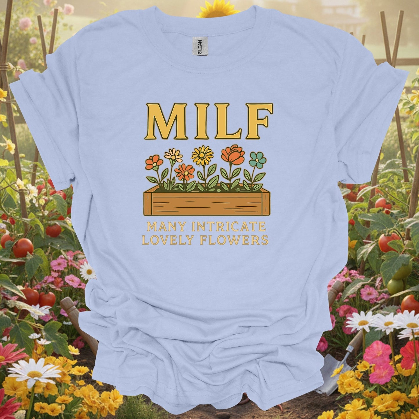 Light Blue shirt showing milf many intricate lovely flowers funny for home gardeners