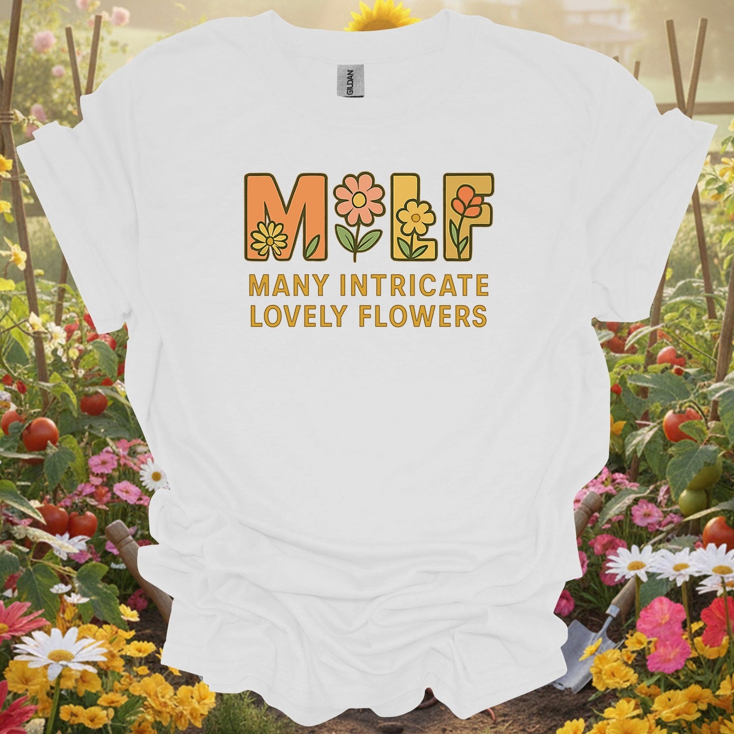 White tee showing milf many intricate lovely flowers funny for garden hobbyists