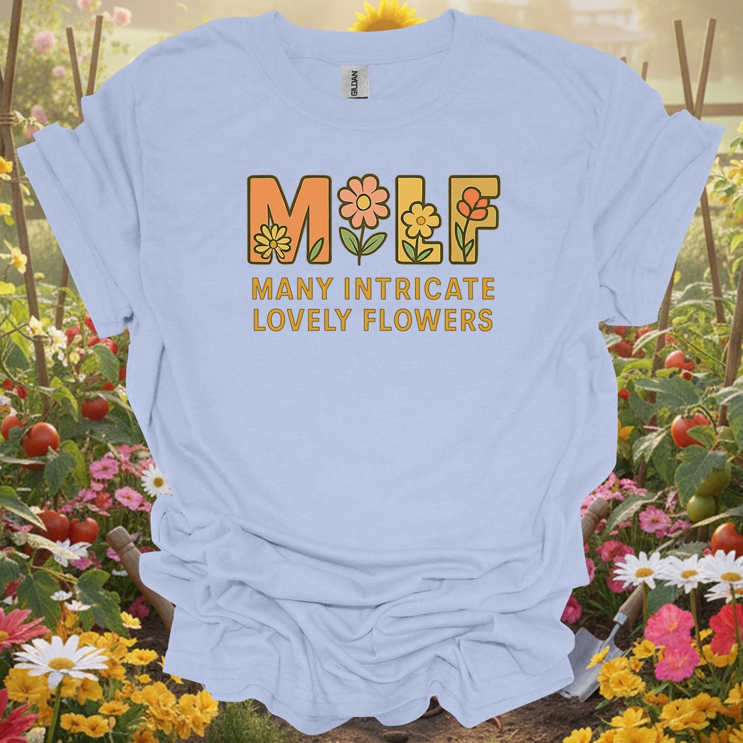 Light Blue shirt showing milf many intricate lovely flowers funny for home gardeners