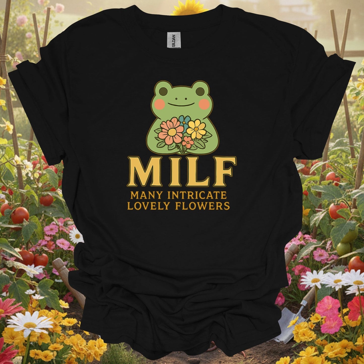 Black shirt showing milf many intricate lovely flowers retro pun for outdoor enthusiasts