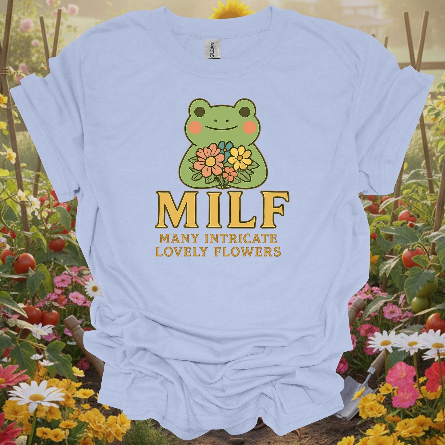Light Blue tshirt showing milf many intricate lovely flowers retro pun for gardening enthusiasts