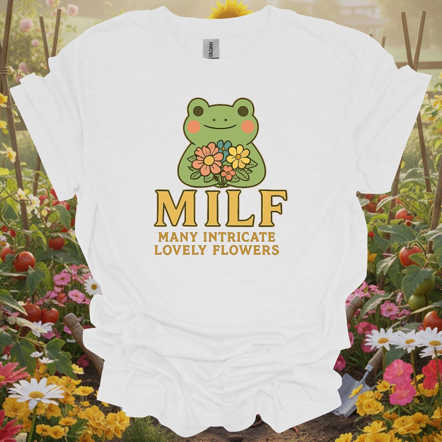 White tee showing milf many intricate lovely flowers retro pun for garden hobbyists