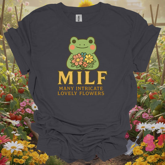 Charcoal tee showing milf many intricate lovely flowers retro pun for plant lovers