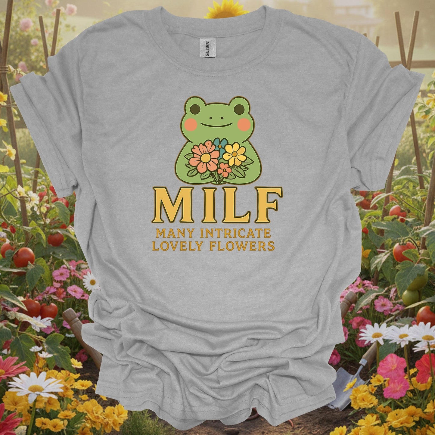Sport Grey tshirt showing milf many intricate lovely flowers retro pun for backyard growers