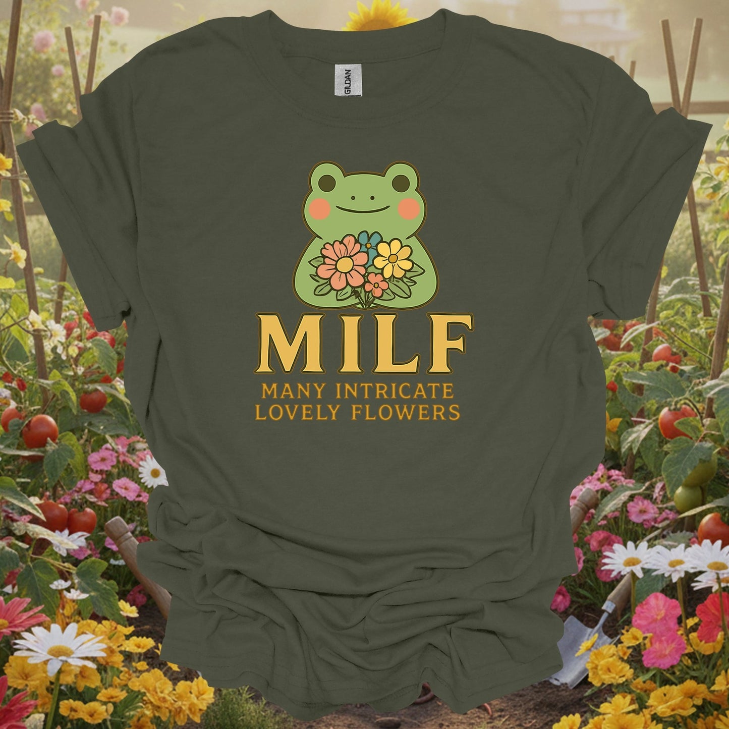 Military Green top showing milf many intricate lovely flowers retro pun for nature lovers
