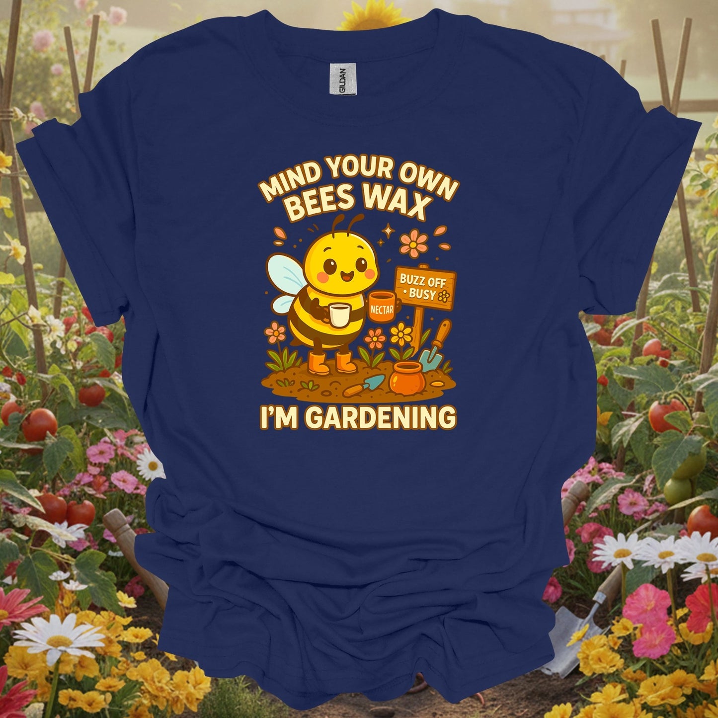 Navy top showing busy honeybee with mind your own beeswax message for folks who value boundaries