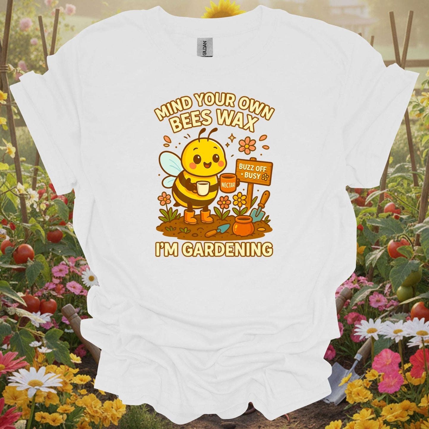 White shirt showing busy honeybee with mind your own beeswax message for independent growers