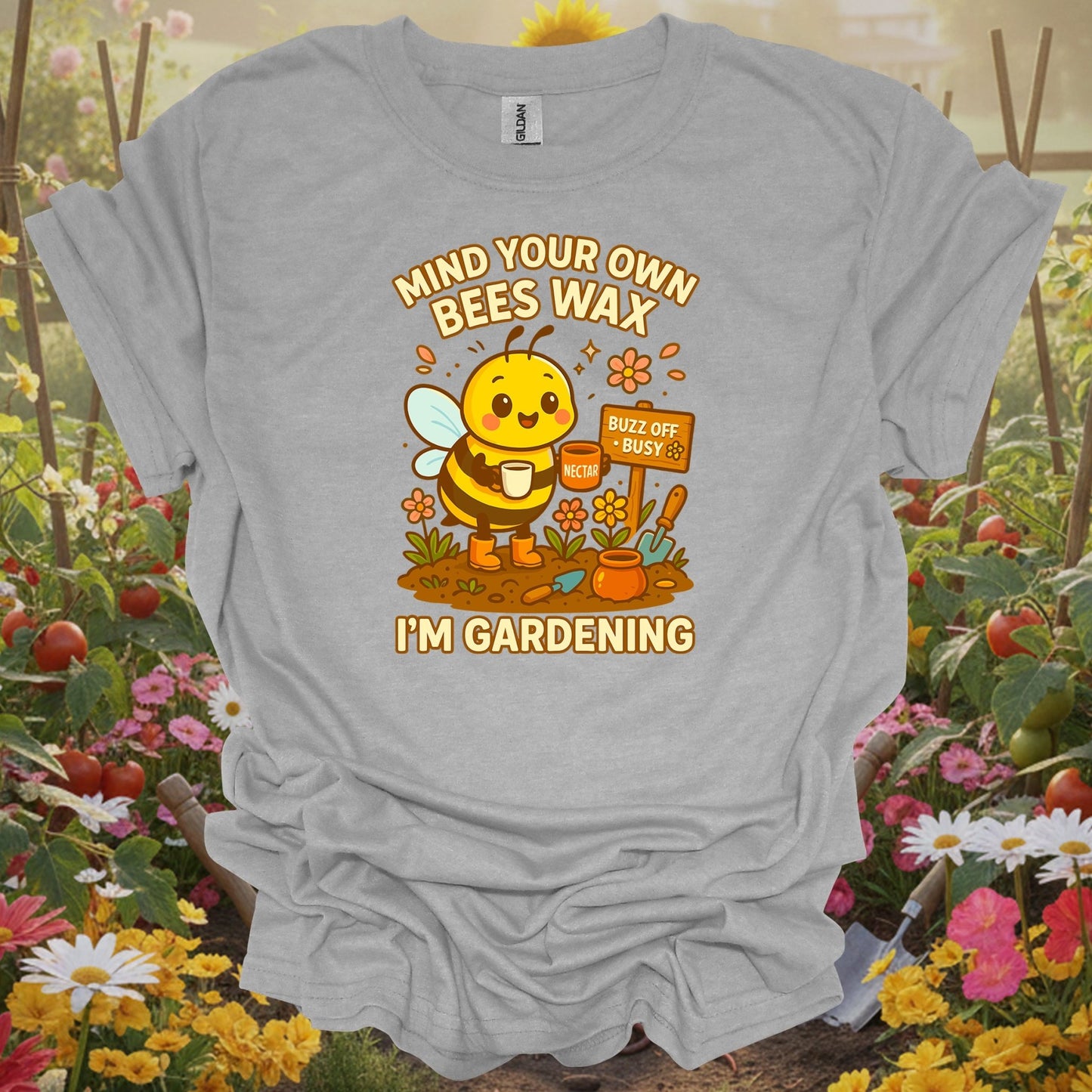 Sport Grey tee showing busy honeybee with mind your own beeswax message for people focused on their gardens