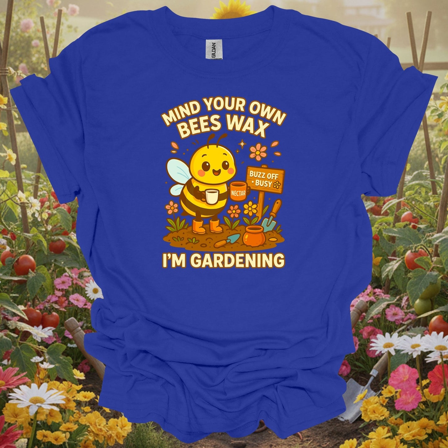 Royal tshirt showing busy honeybee with mind your own beeswax message for honeybee enthusiasts