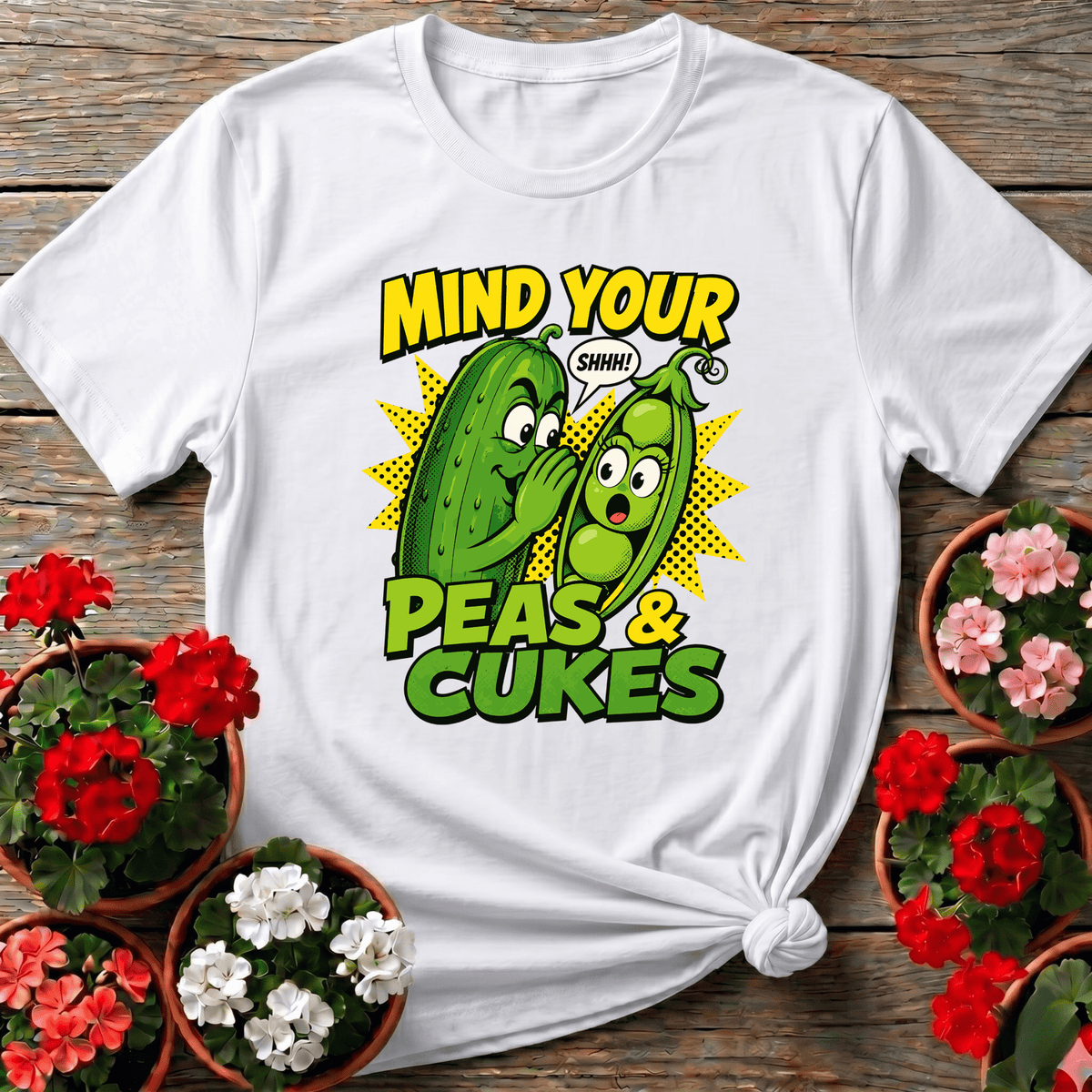 White bold cartoon style funny vegetable shirt "Mind Your Peas and Cukes" for backyard gardeners