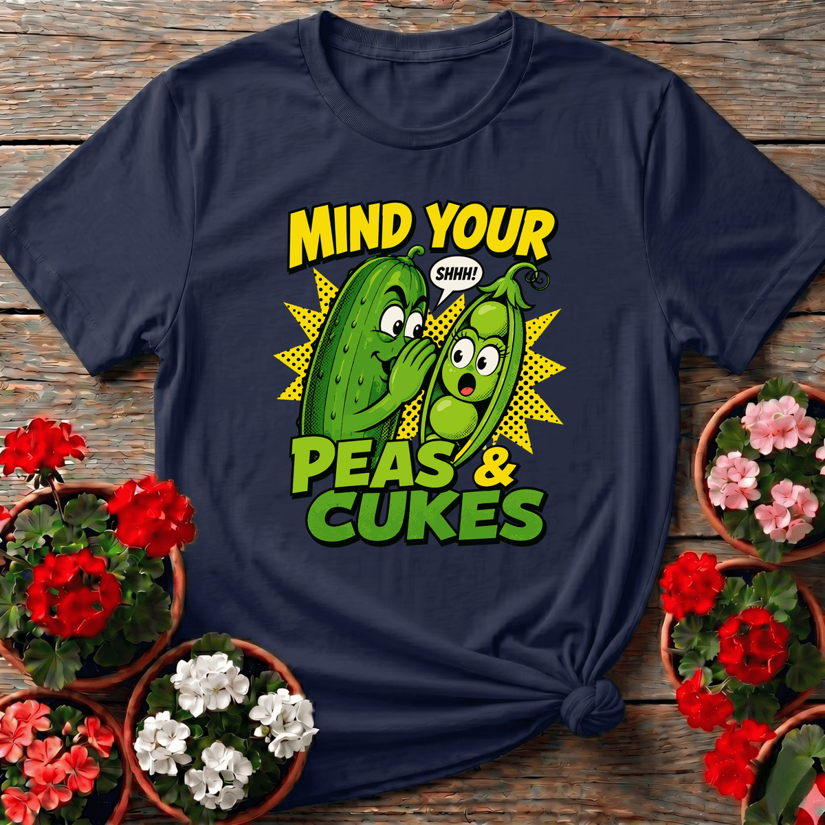 Navy vintage pop art gardening t-shirt "Mind Your Peas and Cukes" for cucumber and pea growers
