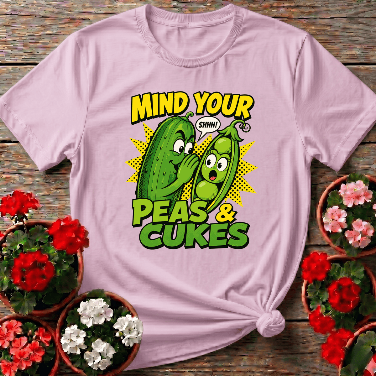 Light Pink bold comic style garden shirt "Mind Your Peas and Cukes" for vegetable garden enthusiasts