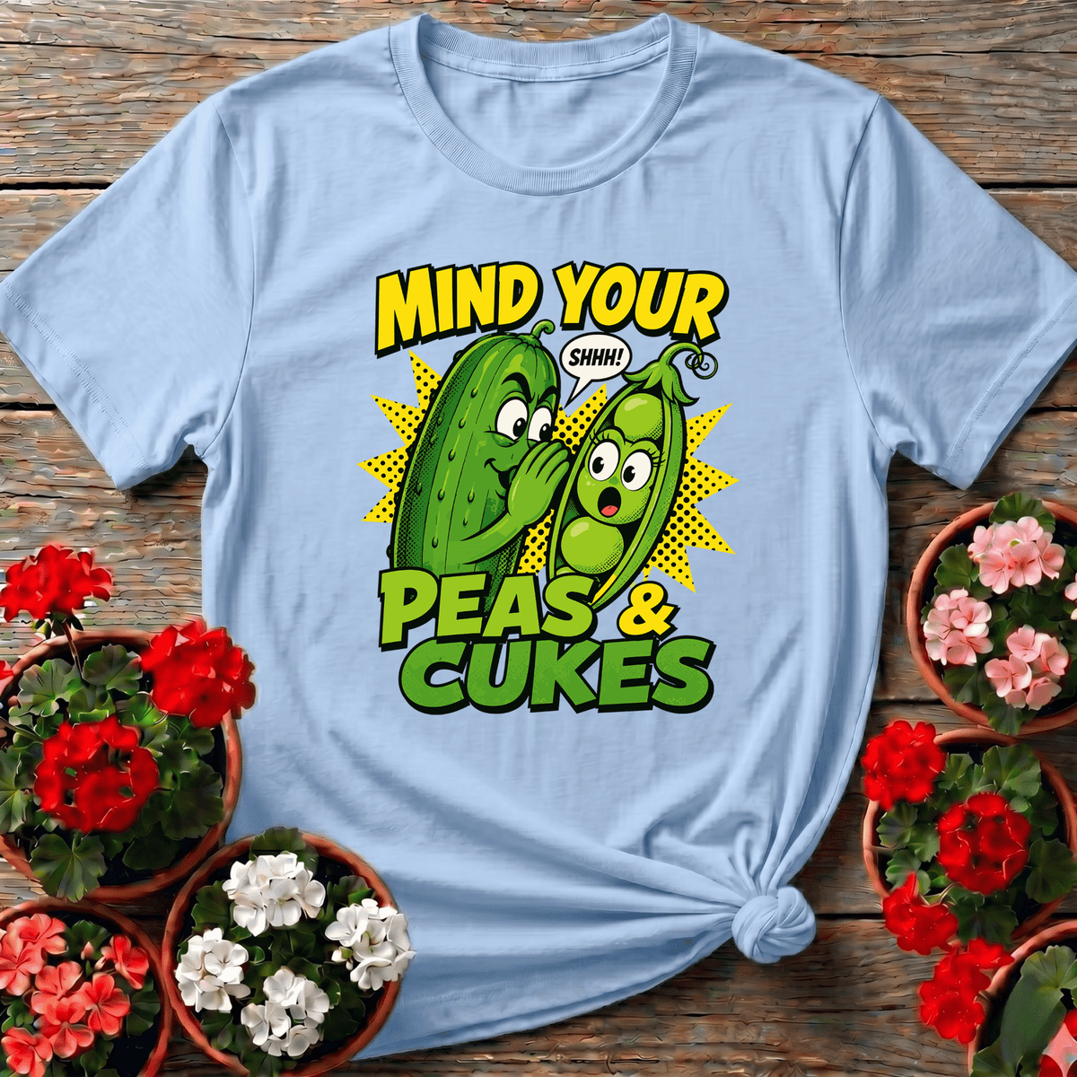 Light Blue playful retro comic garden shirt "Mind Your Peas and Cukes" for backyard vegetable growers