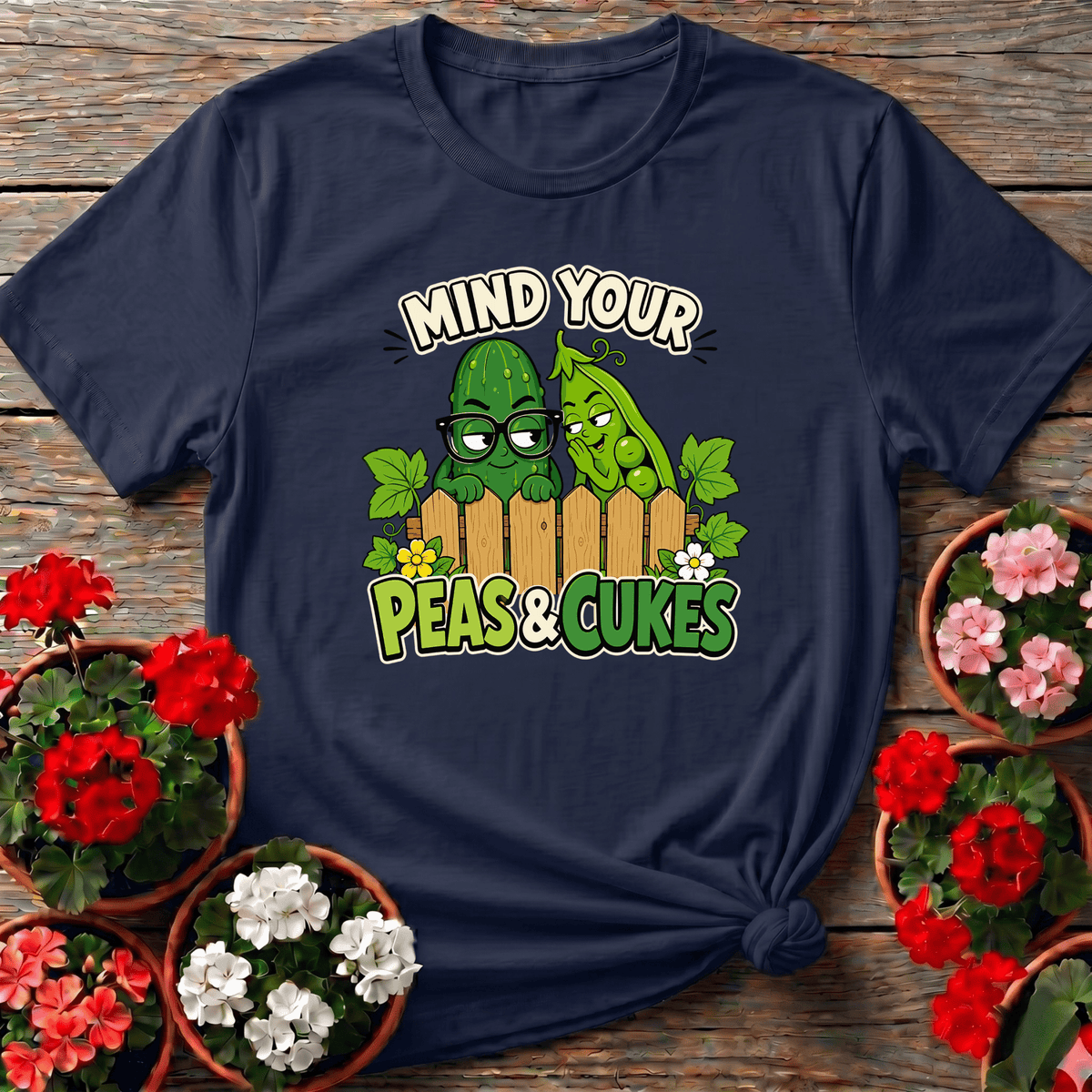 Navy cartoon-style funny vegetable patch tee with "Mind Your Peas and Cukes" for backyard gardeners