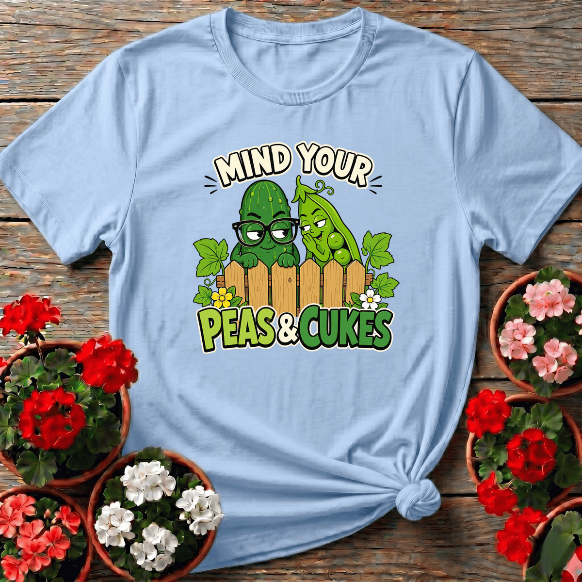 Light Blue playful illustrated pea and cucumber fence shirt for gardeners with a dry sense of humor