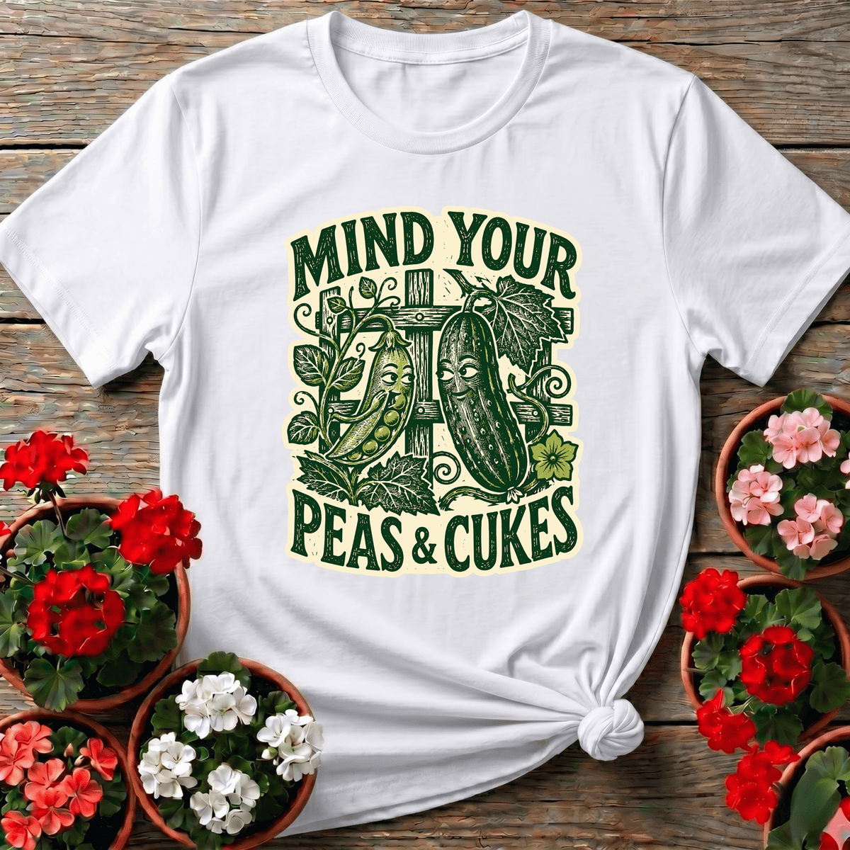 White retro folk art gardening shirt with "Mind Your Peas and Cukes" for kitchen garden enthusiasts