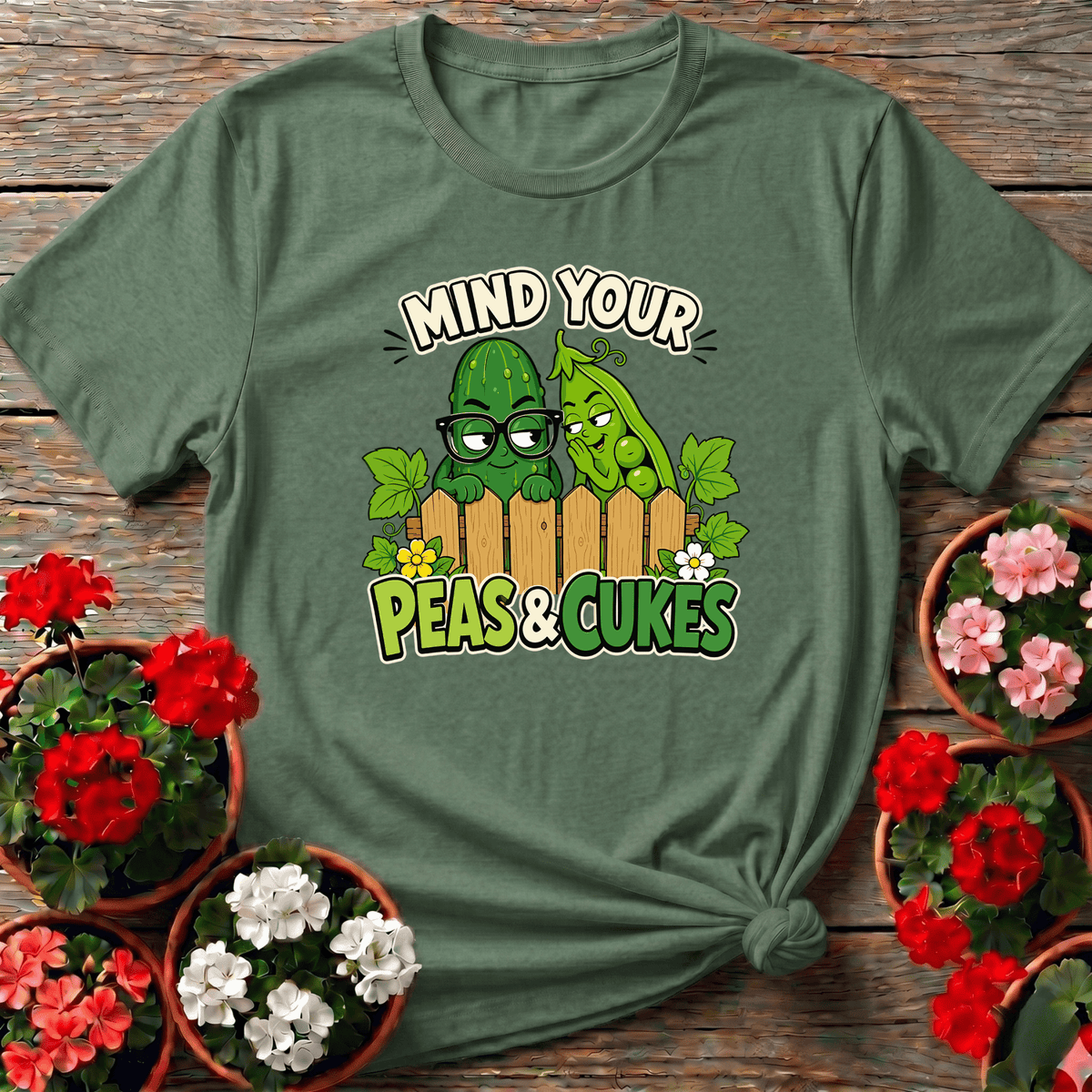 Military Green retro vegetable patch cartoon tee with "Mind Your Peas and Cukes" for garden lovers