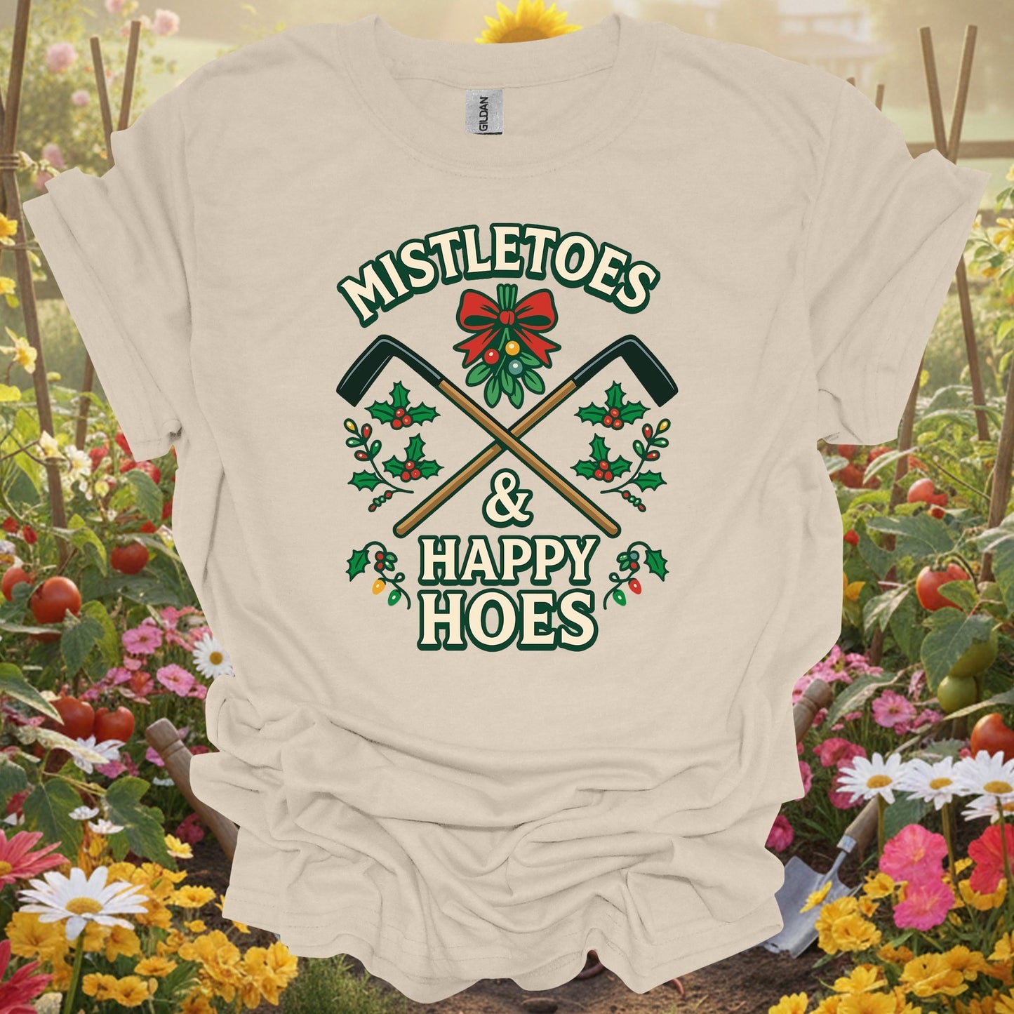 "Mistletoes & Happy Hoes" Funny Cheeky Holiday Gardener Christmas T-Shirt - GardeningTshirts