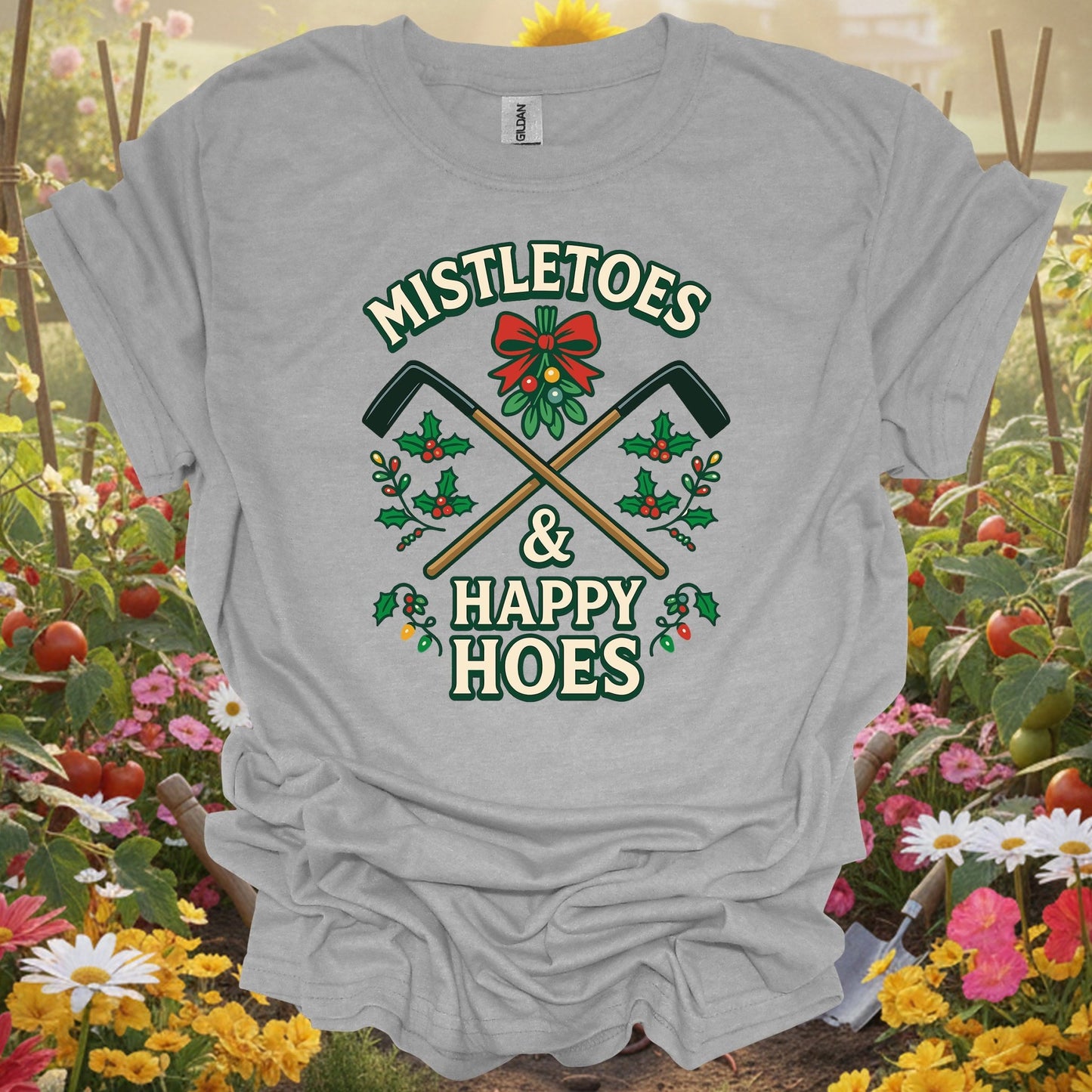 "Mistletoes & Happy Hoes" Funny Cheeky Holiday Gardener Christmas T-Shirt - GardeningTshirts