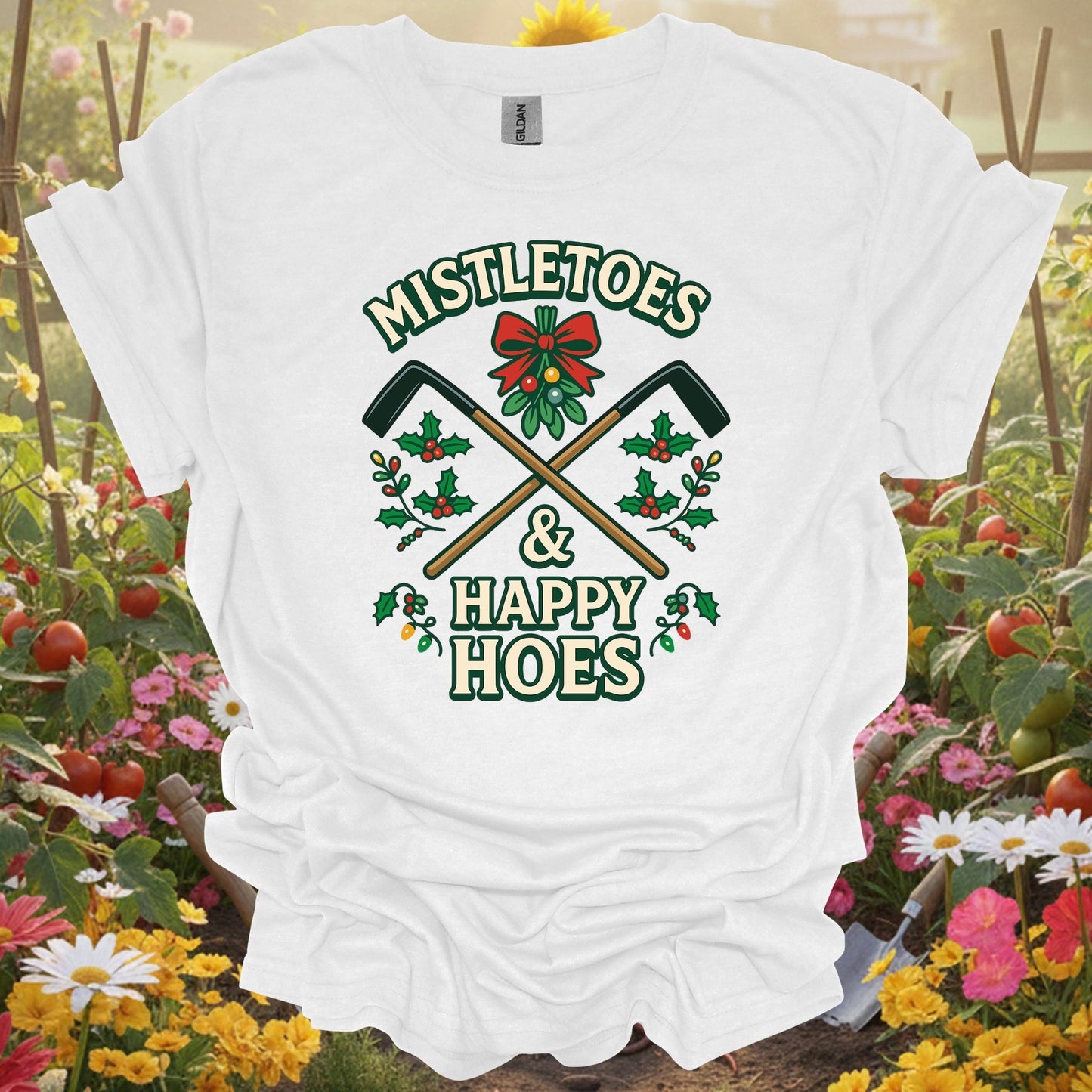 "Mistletoes & Happy Hoes" Funny Cheeky Holiday Gardener Christmas T-Shirt - GardeningTshirts