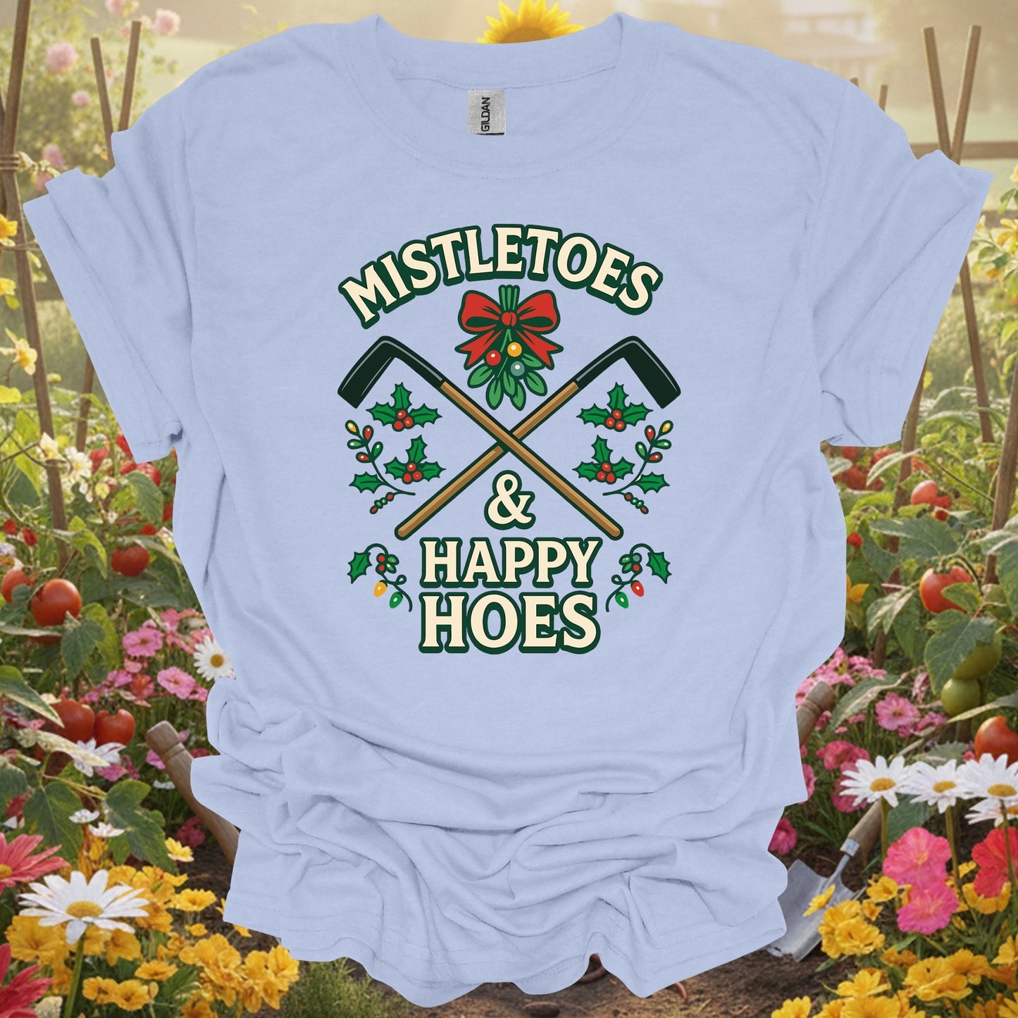 "Mistletoes & Happy Hoes" Funny Cheeky Holiday Gardener Christmas T-Shirt - GardeningTshirts