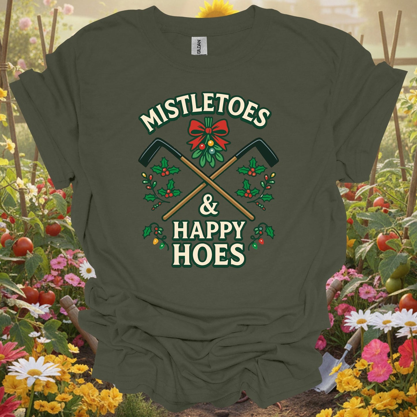 "Mistletoes & Happy Hoes" Funny Cheeky Holiday Gardener Christmas T-Shirt - GardeningTshirts