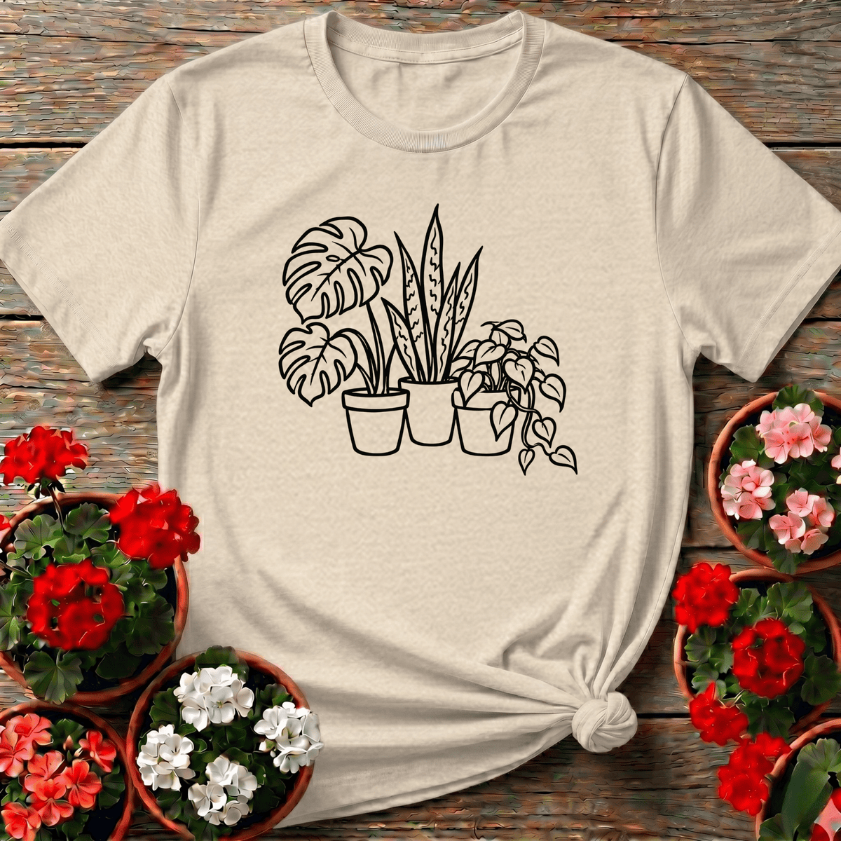 Natural vintage-feel minimalist houseplant trio shirt with monstera snake plant and pothos for indoor gardeners