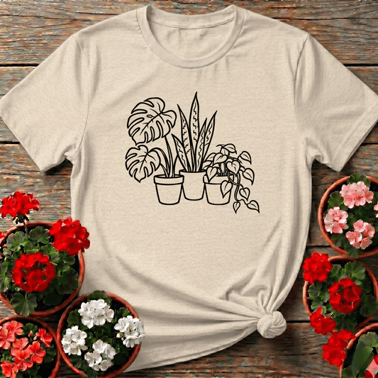 Natural vintage-feel minimalist houseplant trio shirt with monstera snake plant and pothos for indoor gardeners