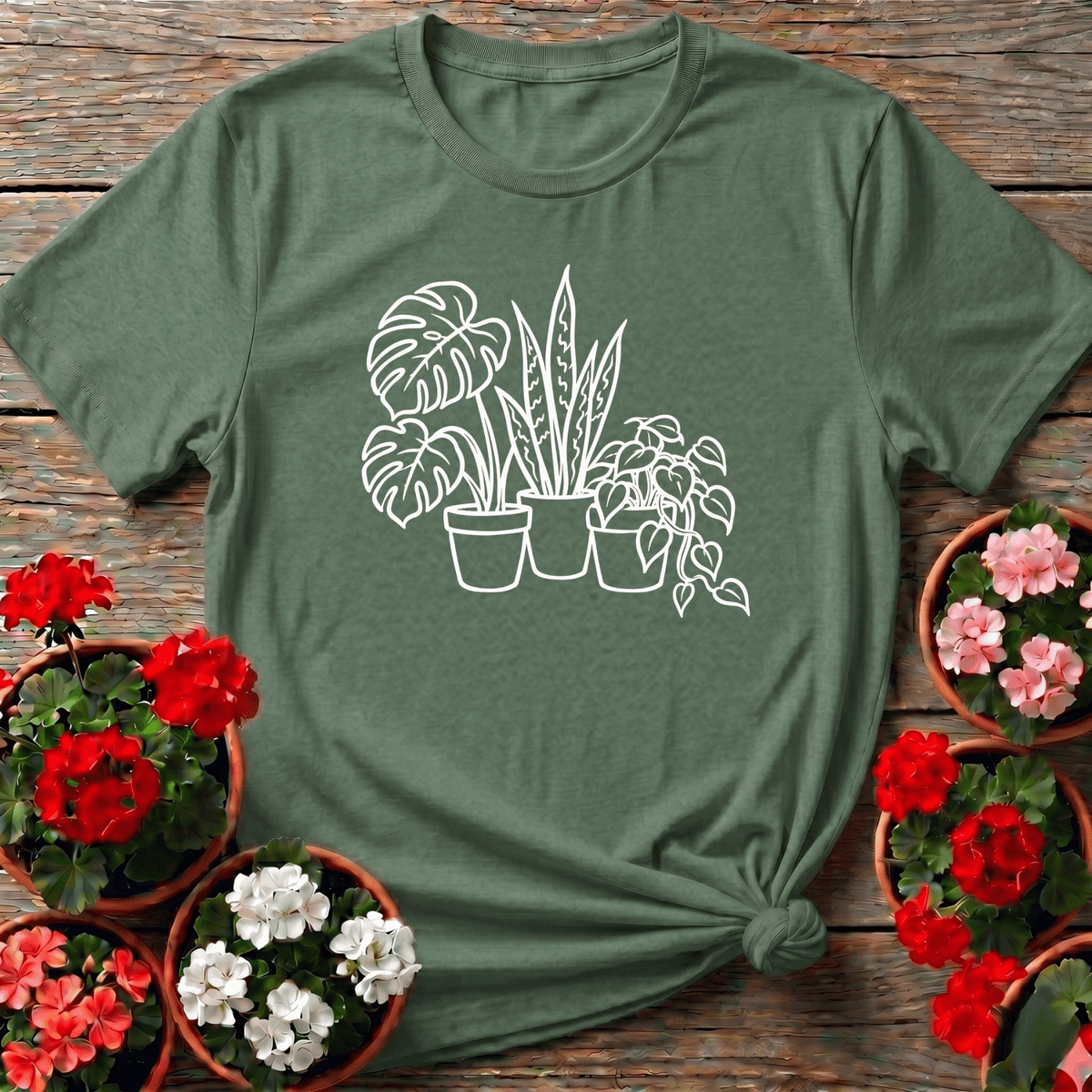 Military Green line art botanical plant trio tee featuring monstera snake plant and trailing pothos for plant lovers