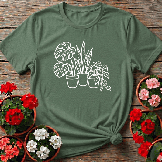 Military Green line art botanical plant trio tee featuring monstera snake plant and trailing pothos for plant lovers